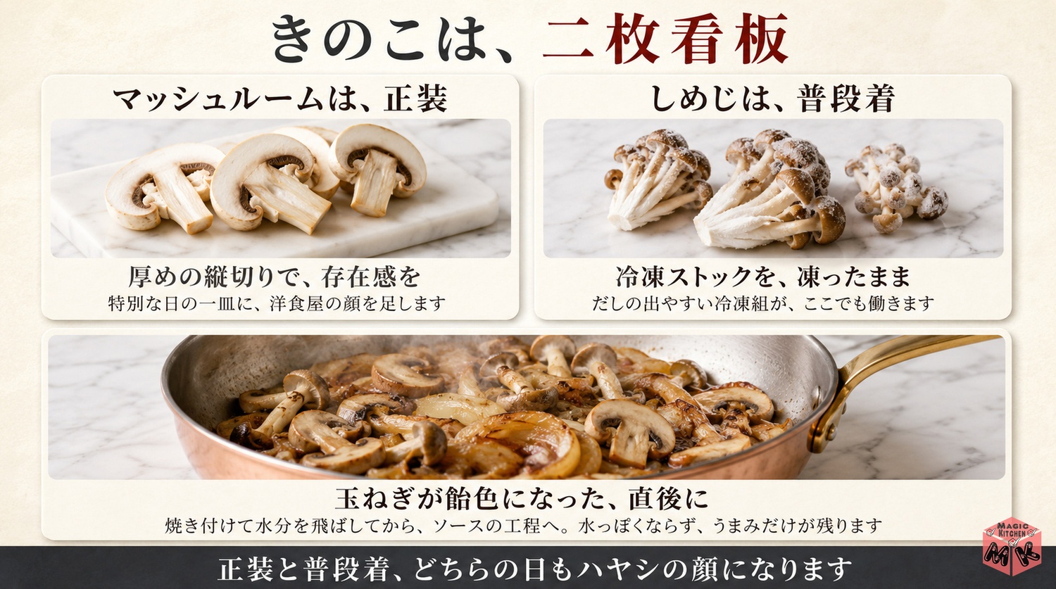 マッシュルームとしめじの二枚看板の図解