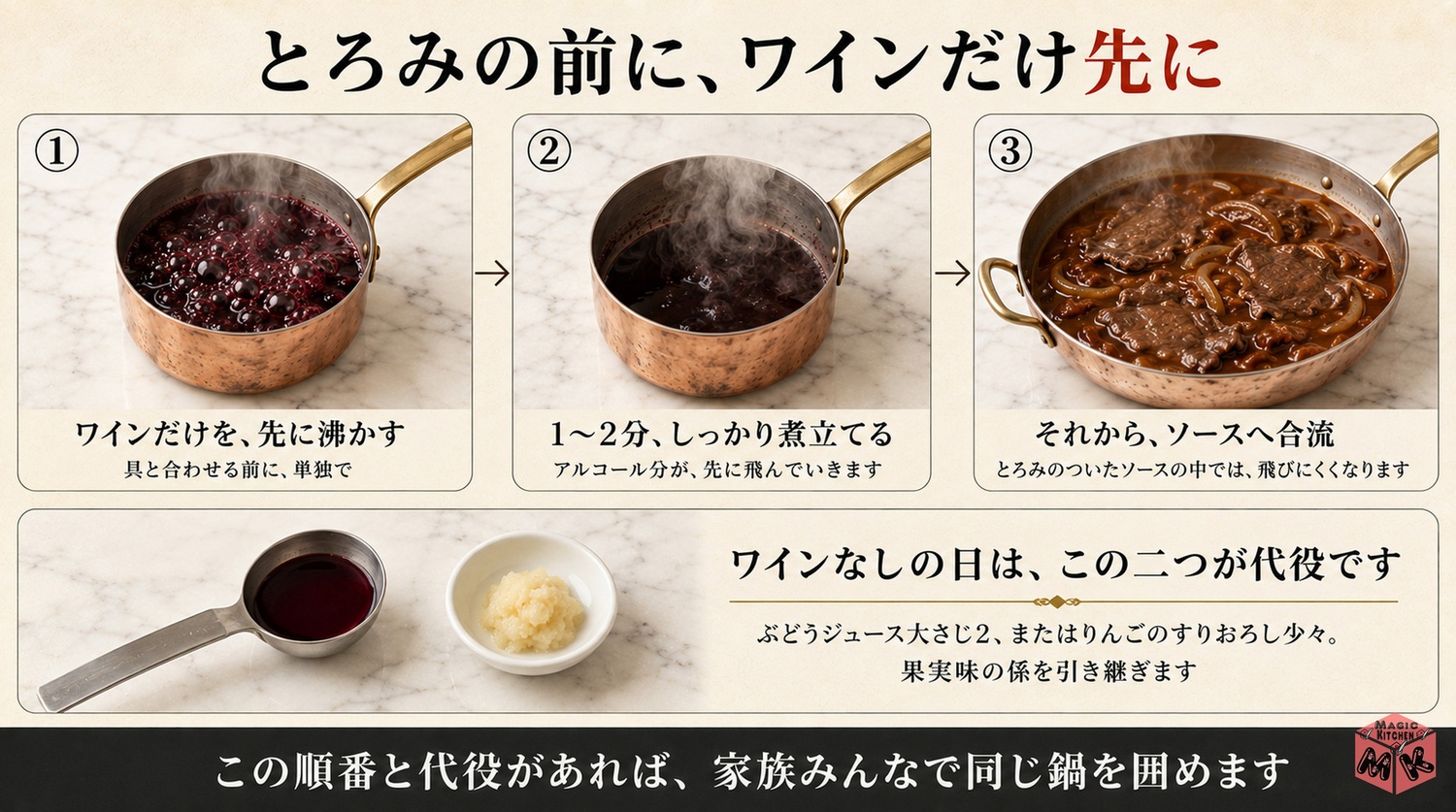 赤ワインを先に煮切ってアルコールを飛ばす工程図