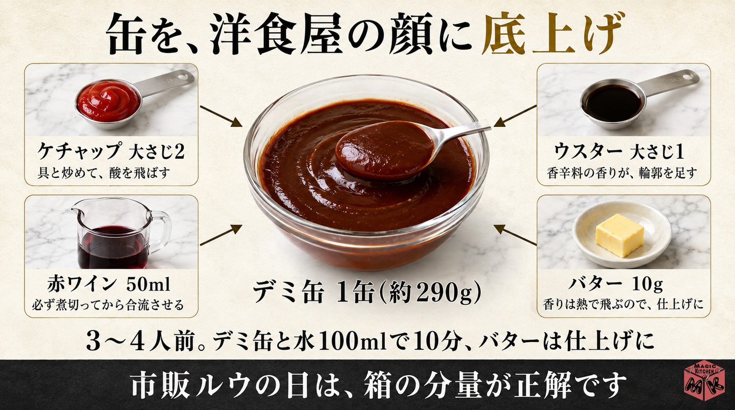 デミ缶とケチャップとウスターのルウなし黄金比の図解