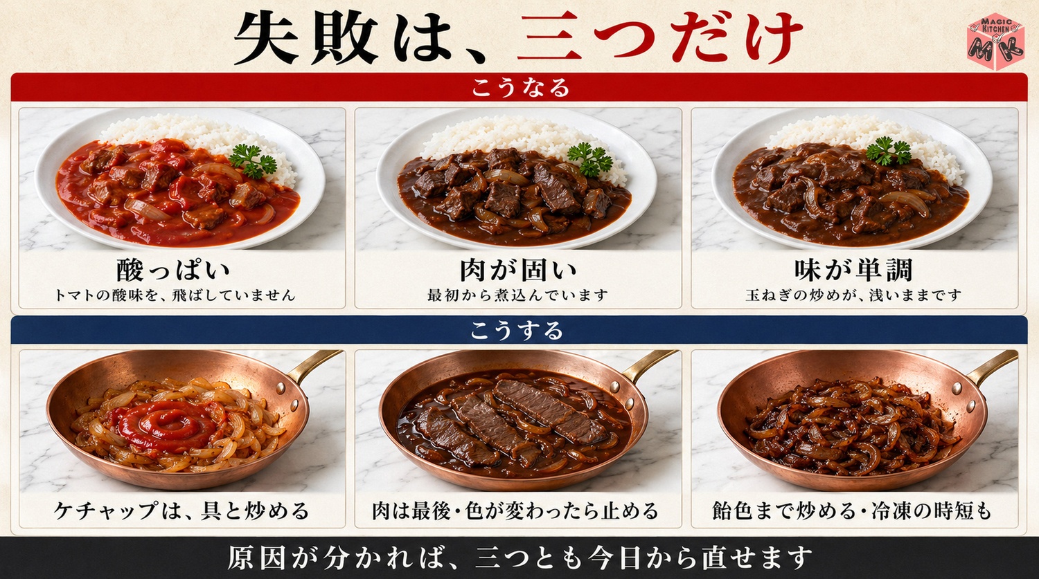 ハヤシライスの失敗3大原因と対策の図解