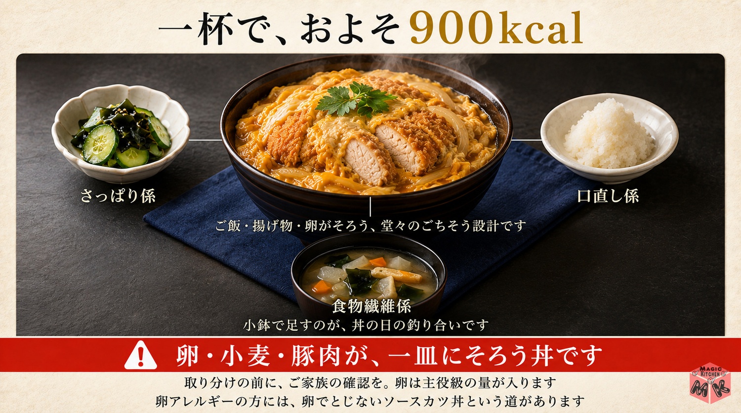 カツ丼はおよそ900kcalのごちそう設計で相棒はさっぱり係の小鉢という図解
