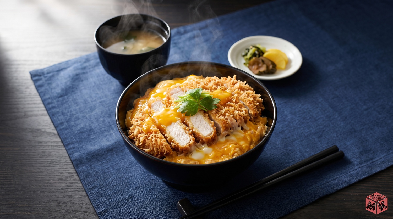 ふわとろ卵のカツ丼と味噌汁の食卓イメージ