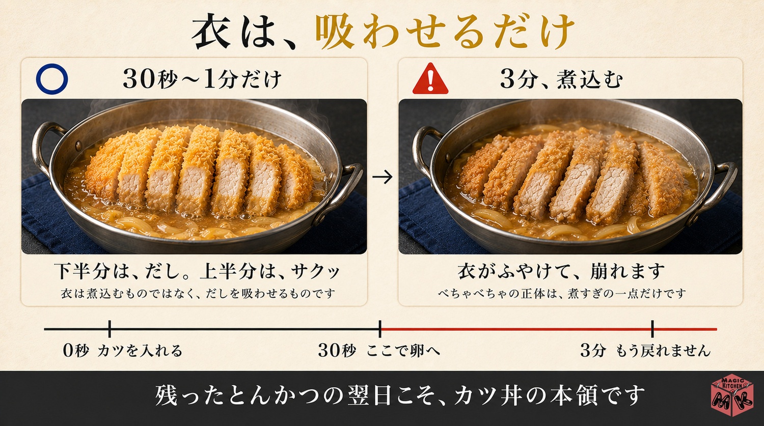 カツは煮すぎずだしを吸わせる扱いの図解
