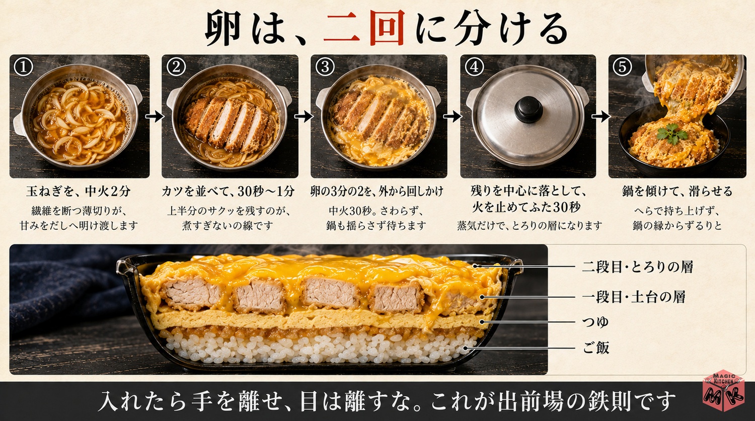 卵を二回に分けるふわとろ二段入れの工程図