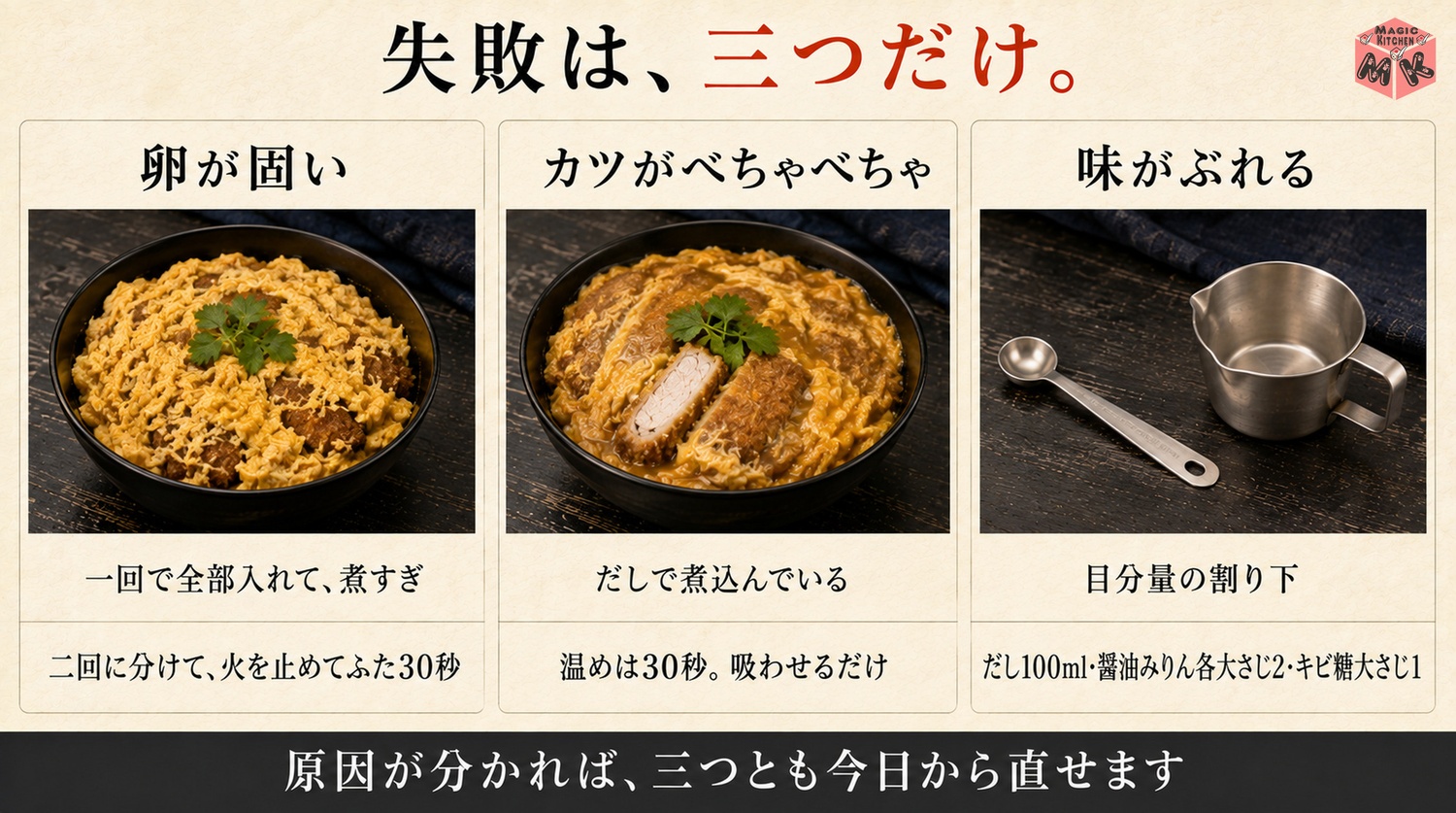 カツ丼の失敗3大原因と対策の図解