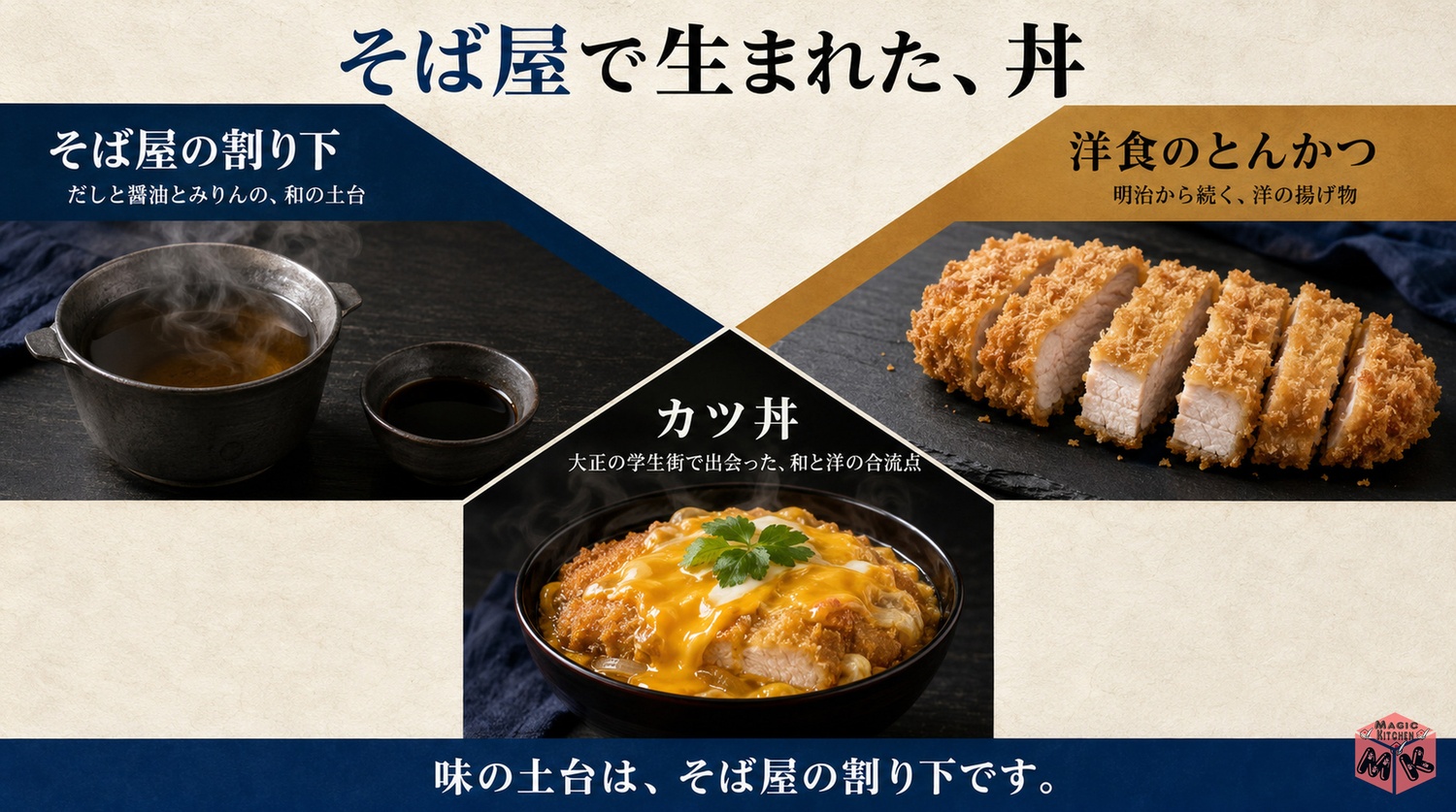 カツ丼はそば屋生まれで味の土台は割り下という図解