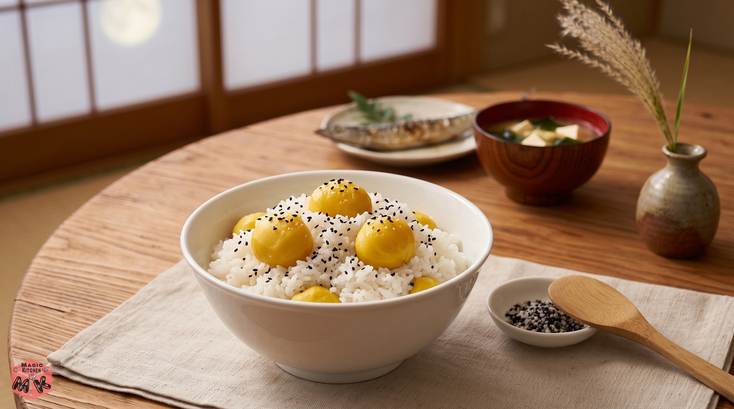 栗ご飯の仕上げのごま塩と盛り付けの図解