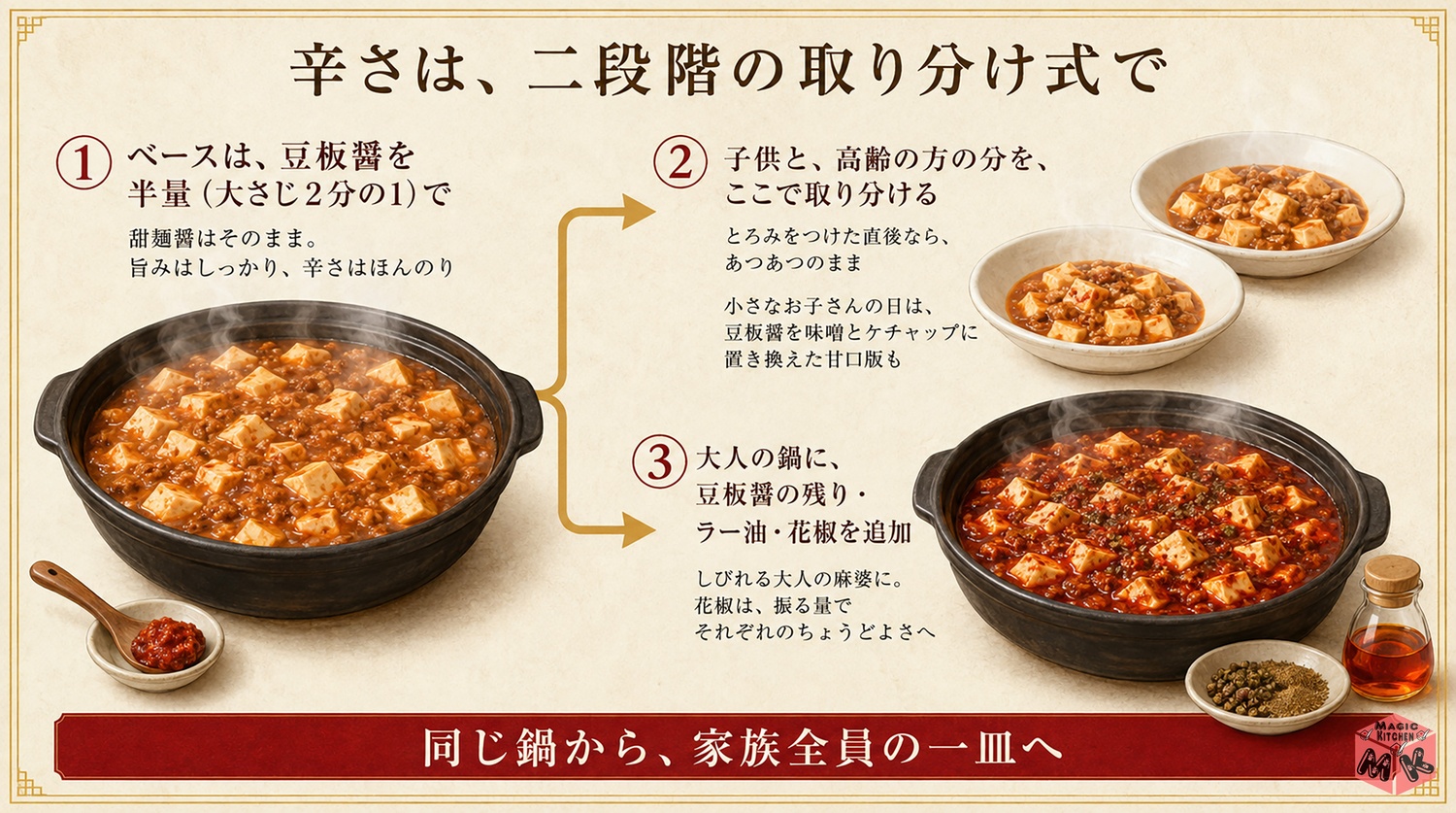 麻婆豆腐の辛さを二段階の取り分け式にする図解(子供と高齢の方の分を先に取り分ける)