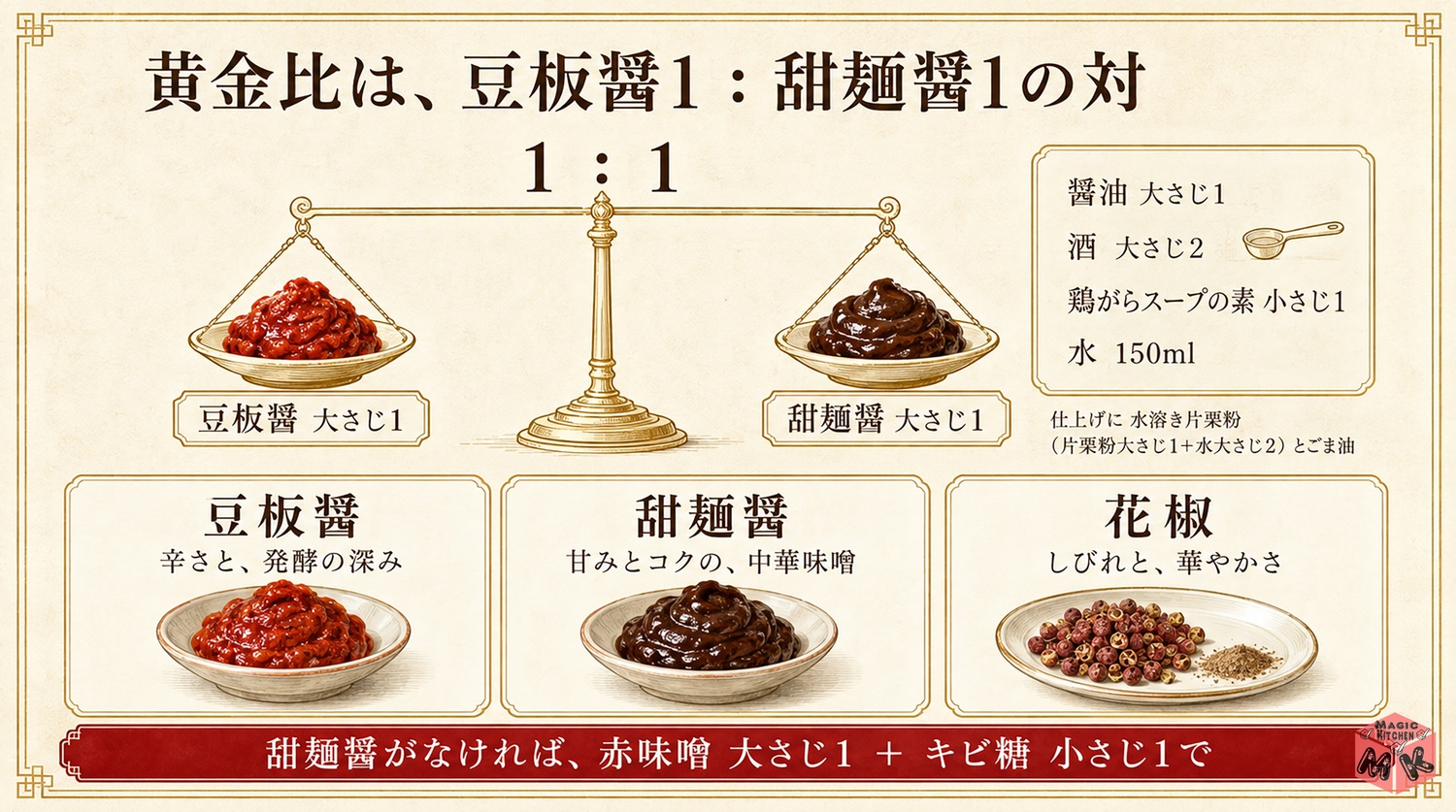 麻婆豆腐の調味料の黄金比の図解(豆板醤1対甜麺醤1)