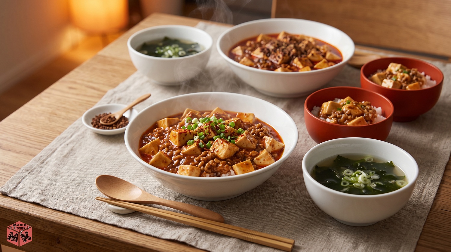 麻婆豆腐を食卓に並べたイメージ