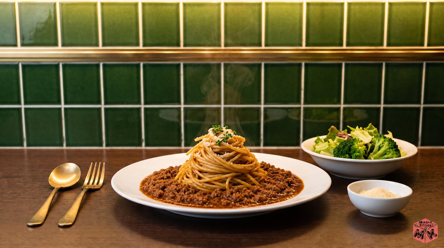 ミートソースパスタとサラダの食卓イメージ