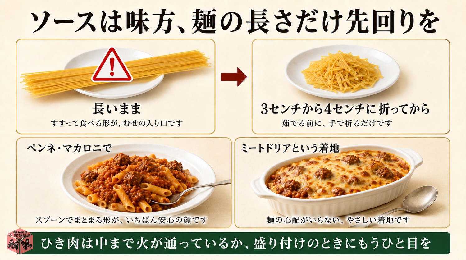 高齢者と子供に向けた麺を短く切る工夫の図解