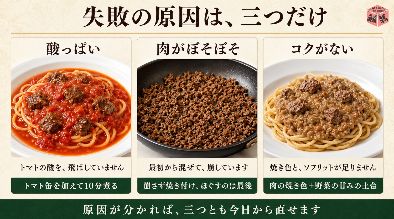 ミートソースの失敗3大原因と対策の図解