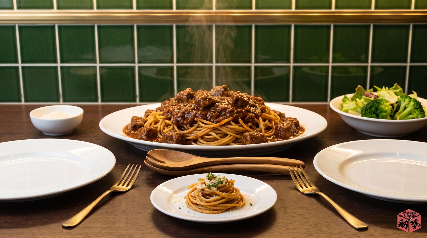 ミートソースパスタと家族の食卓イメージ
