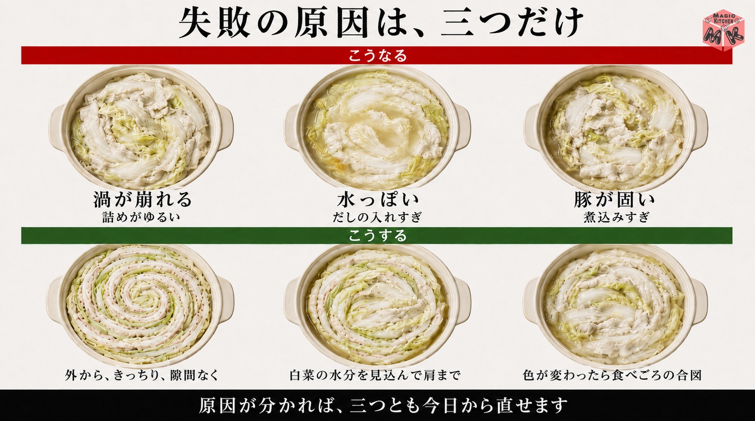 ミルフィーユ鍋の失敗3大原因と対策の図解