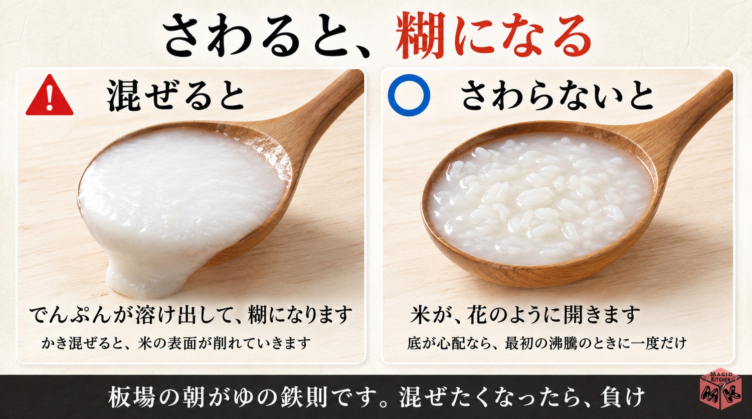 かき混ぜるとでんぷんが溶け出して糊のようになり混ぜなければ米の粒が花のように開くという対比図解