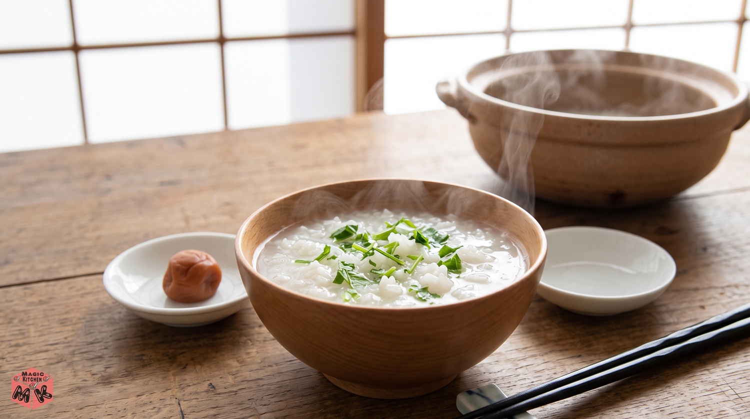 七草粥の湯気と新年の朝の食卓イメージ