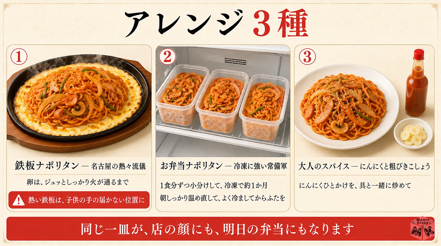 ナポリタンのアレンジ3種(鉄板・お弁当・大人味)