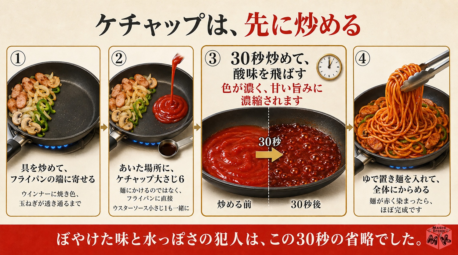 ケチャップを先に炒めて酸味を旨みに変える図解