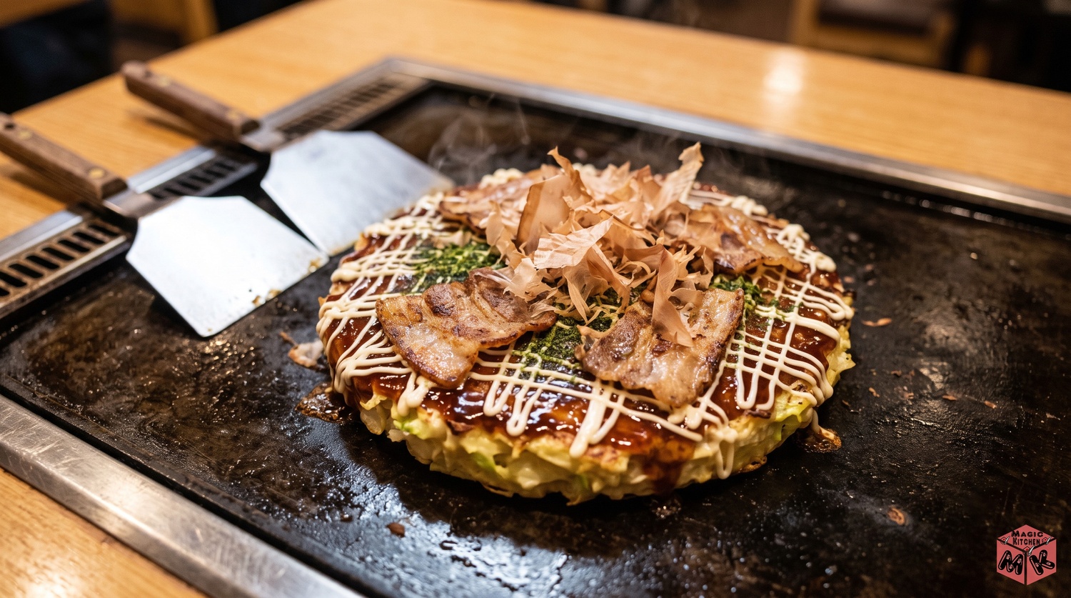鉄板で焼き上がったお好み焼きのイメージ
