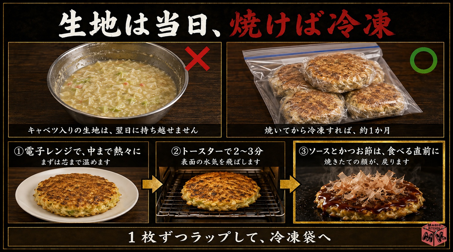 お好み焼きの保存と温め直しの図解
