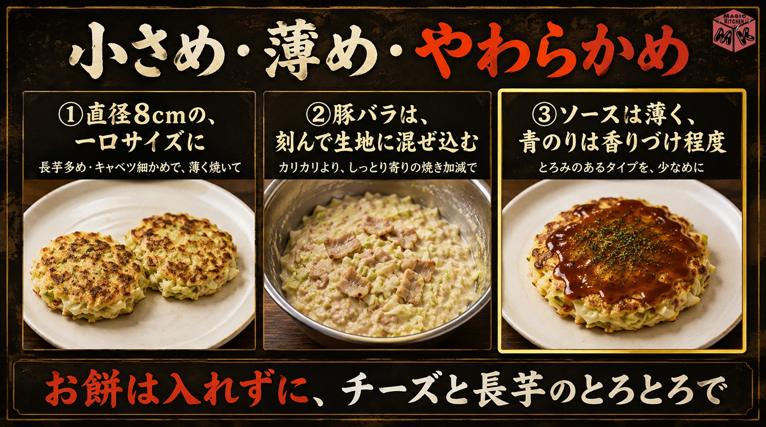 高齢の方や子供にやさしいお好み焼きの工夫の図解(小さめ・薄め・やわらかめ)