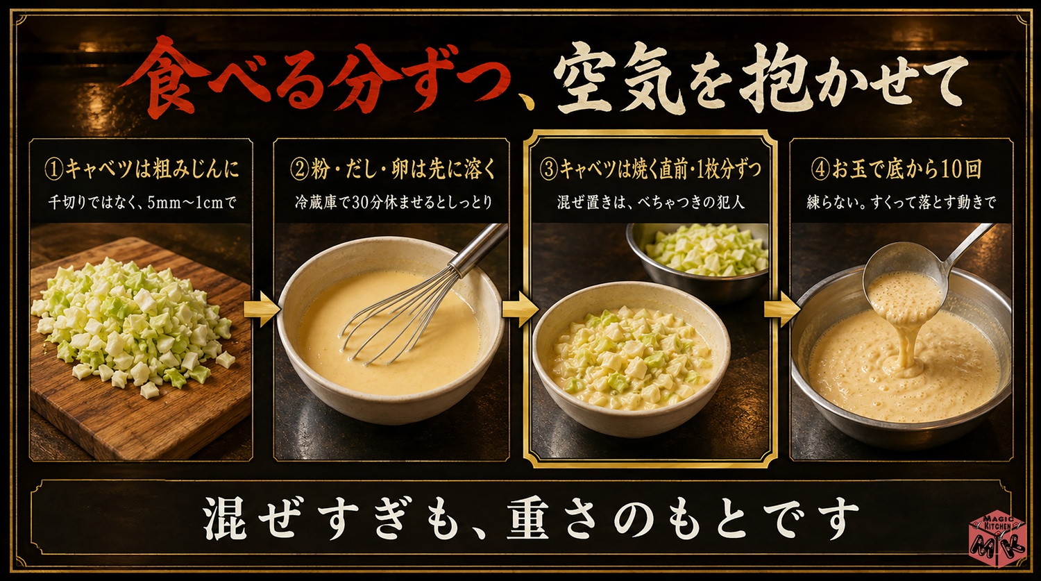 お好み焼きの生地の混ぜ方の流儀の図解