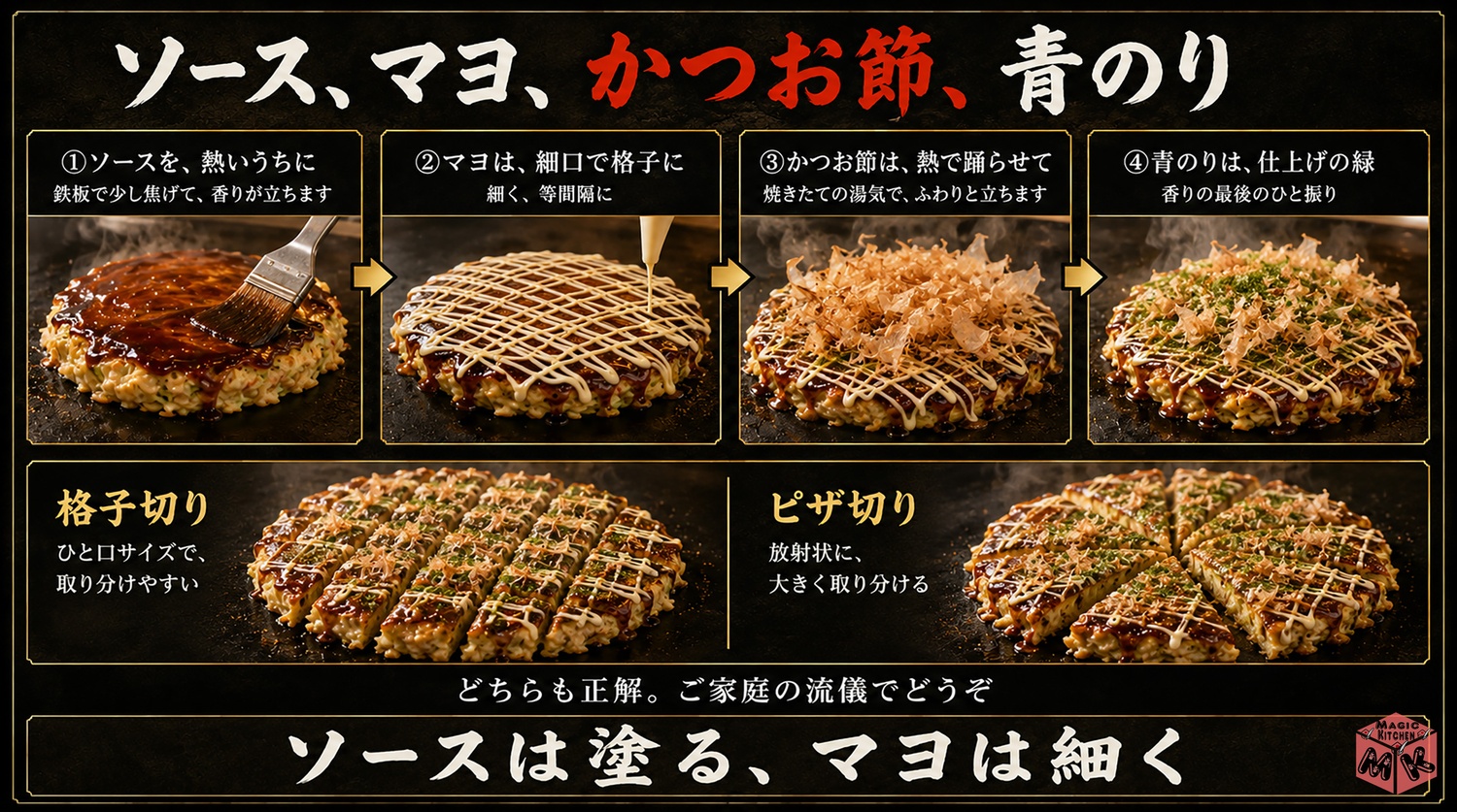 お好み焼きの仕上げ(ソース・マヨ・かつお節・青のり)の図解