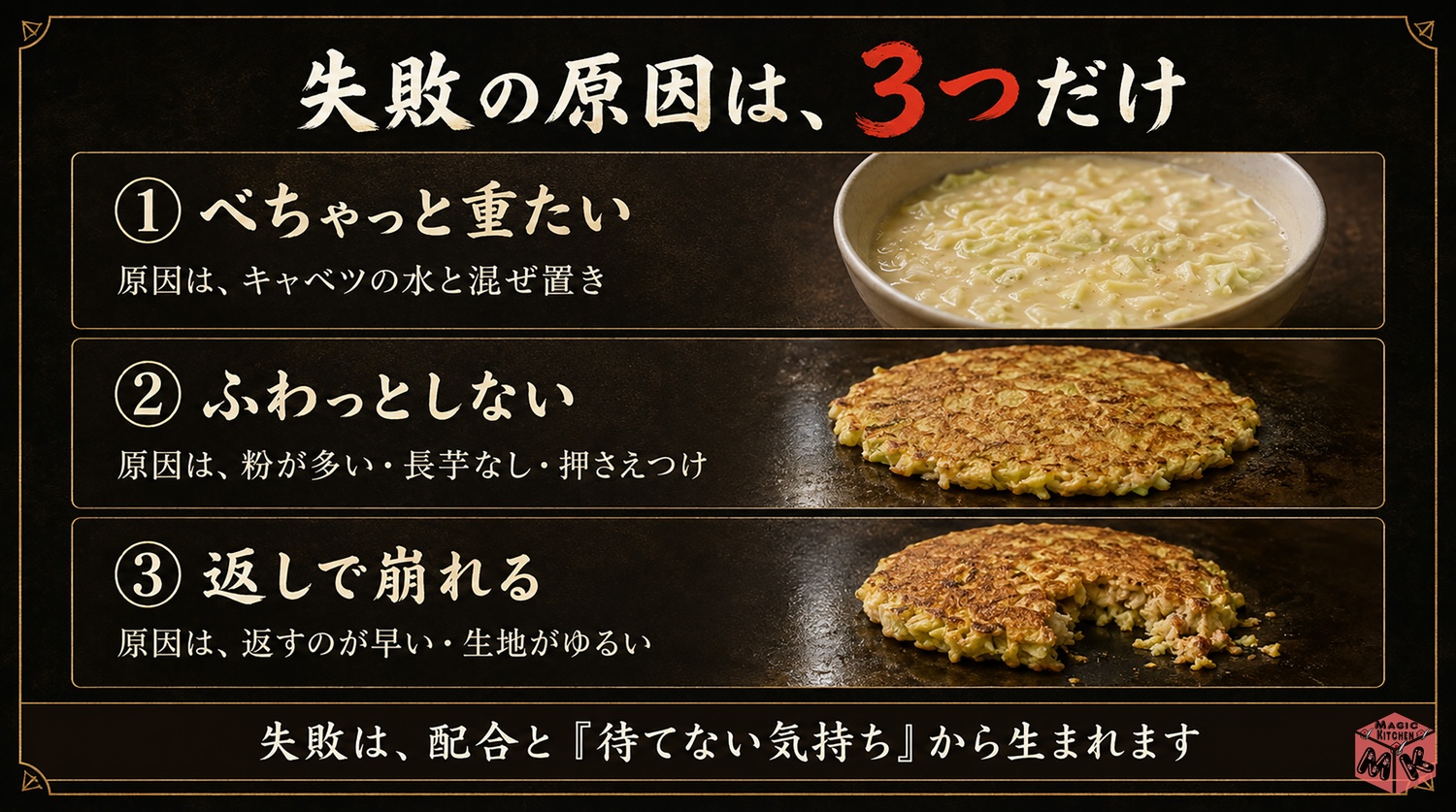 お好み焼きの失敗の原因3つと対策の図解