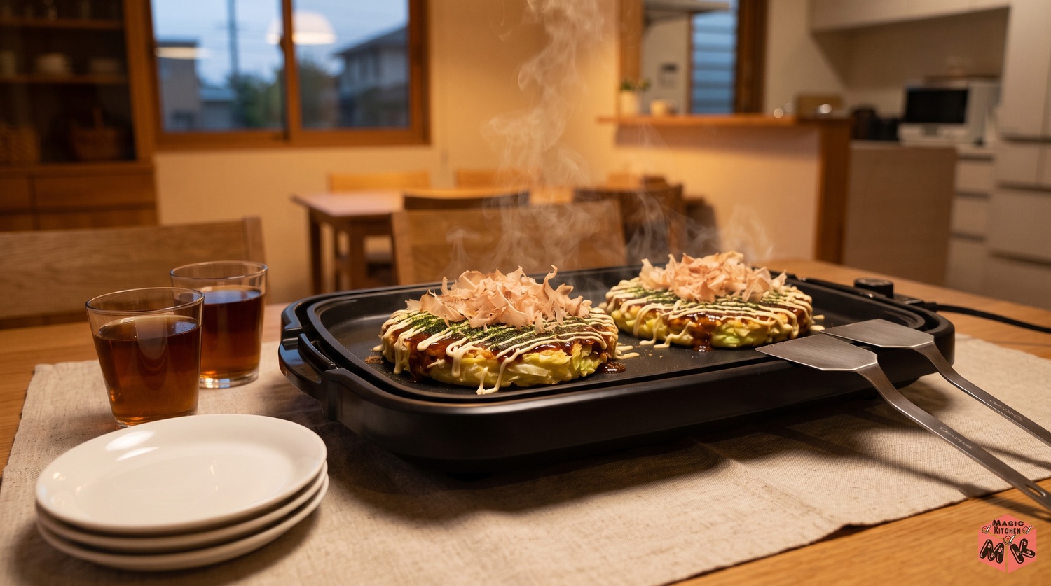 ホットプレートのお好み焼きを家族で囲む食卓のイメージ