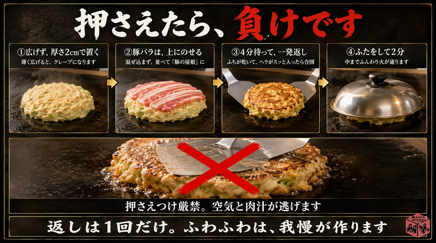 お好み焼きの焼き方4ステップの図解(押さえたら負け・返しは1回だけ)