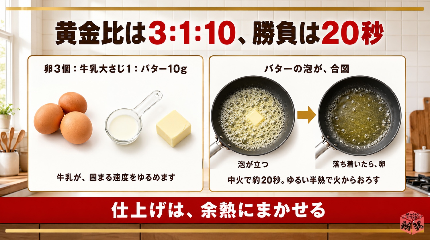 ふわとろ卵の黄金比と火入れの図解