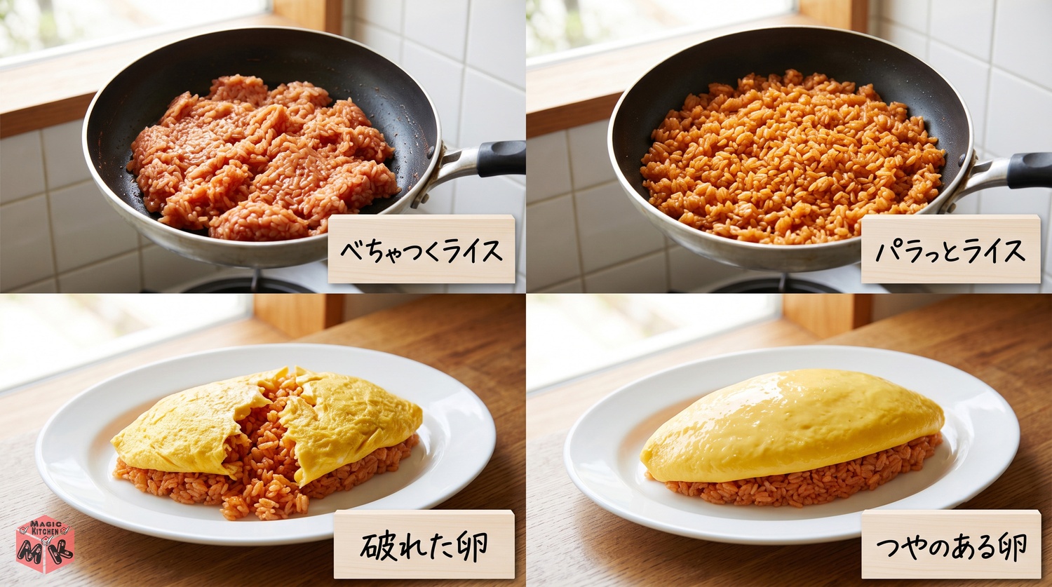 オムライスの失敗と対策の比較コラージュ