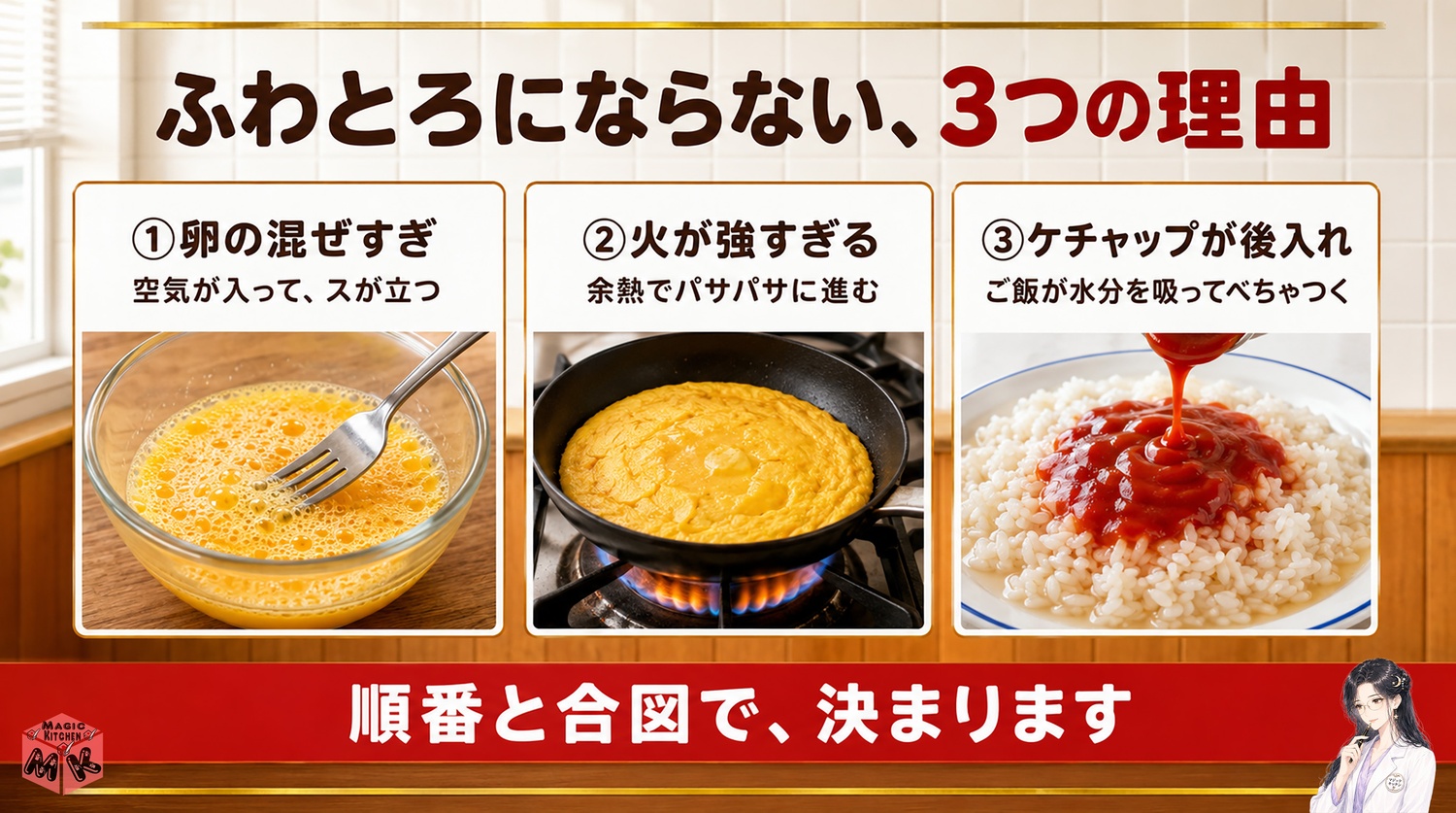 オムライスが上手くいかない3つの理由の図解