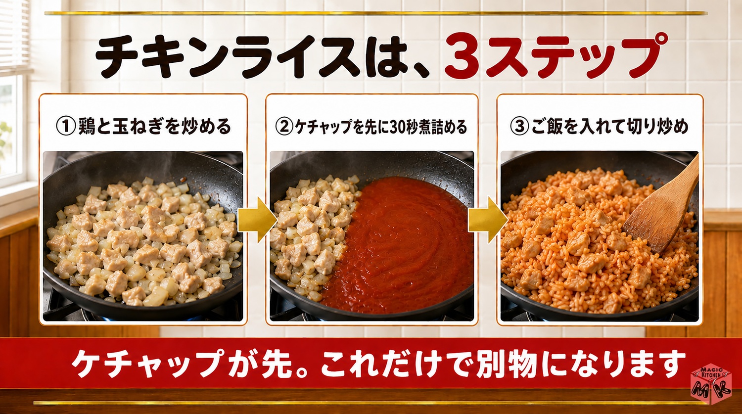 チキンライスの作り方3ステップの工程図
