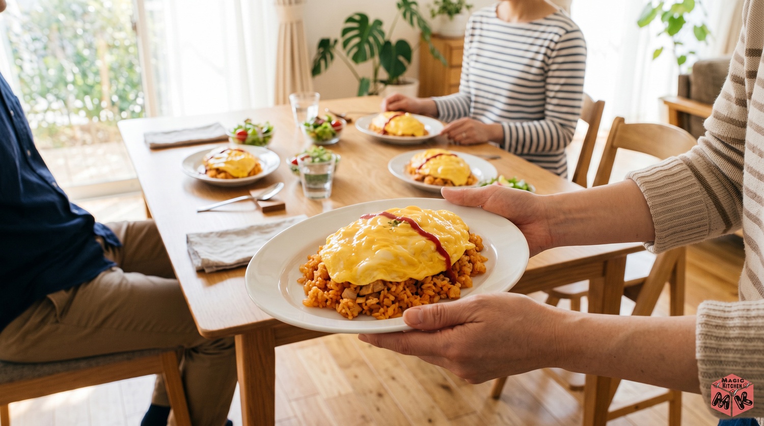家族の食卓にオムライスを運ぶイメージ