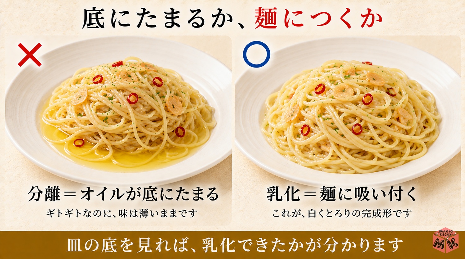 オイルが底にたまった分離と白くとろりとした乳化を並べた比較の図解