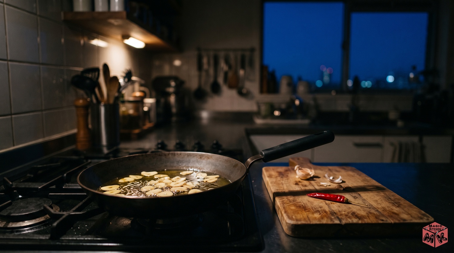 夜更けの台所でにんにくとオイルだけで作る真夜中のスパゲッティのイメージ