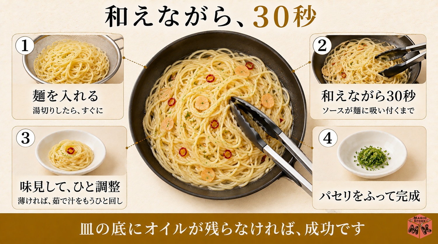 麺を和えて味を調整する仕上げの工程図