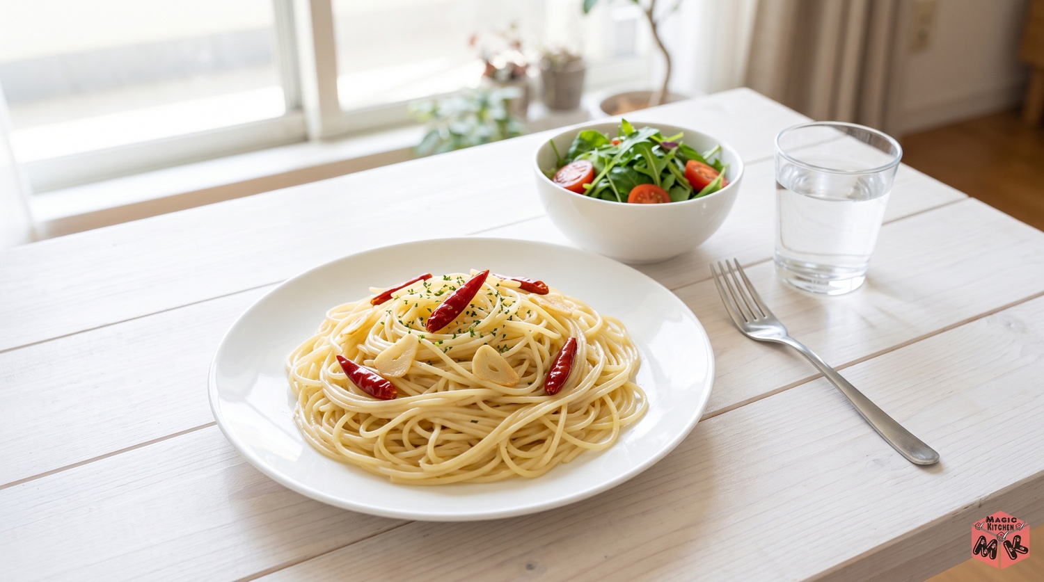 休日の昼のペペロンチーノの食卓イメージ