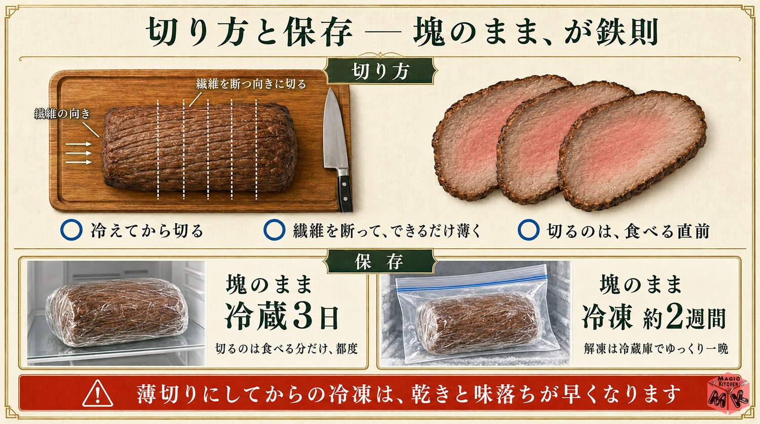 ローストビーフの保存の図解(塊のまま、が鉄則)