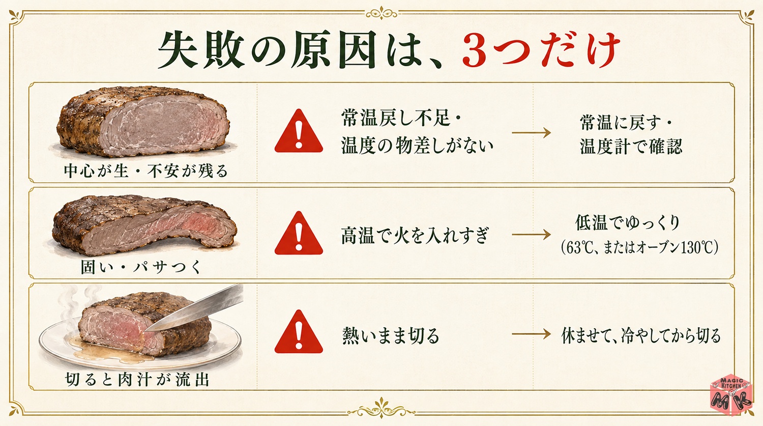 ローストビーフの失敗の原因3つと対策の図解