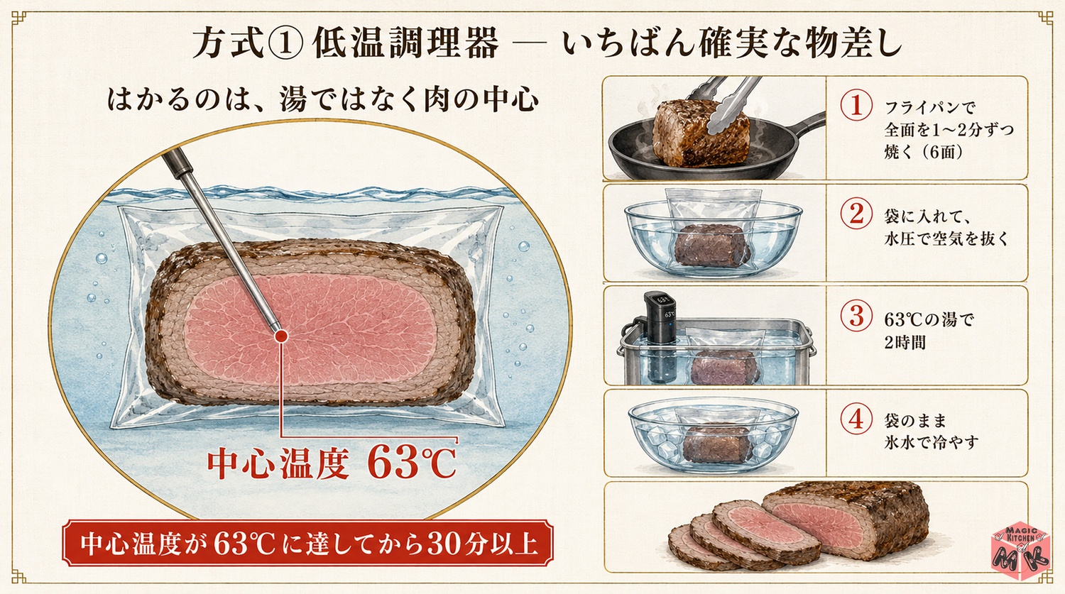 低温調理器でローストビーフを作る図解(中心温度63度に達してから30分以上)