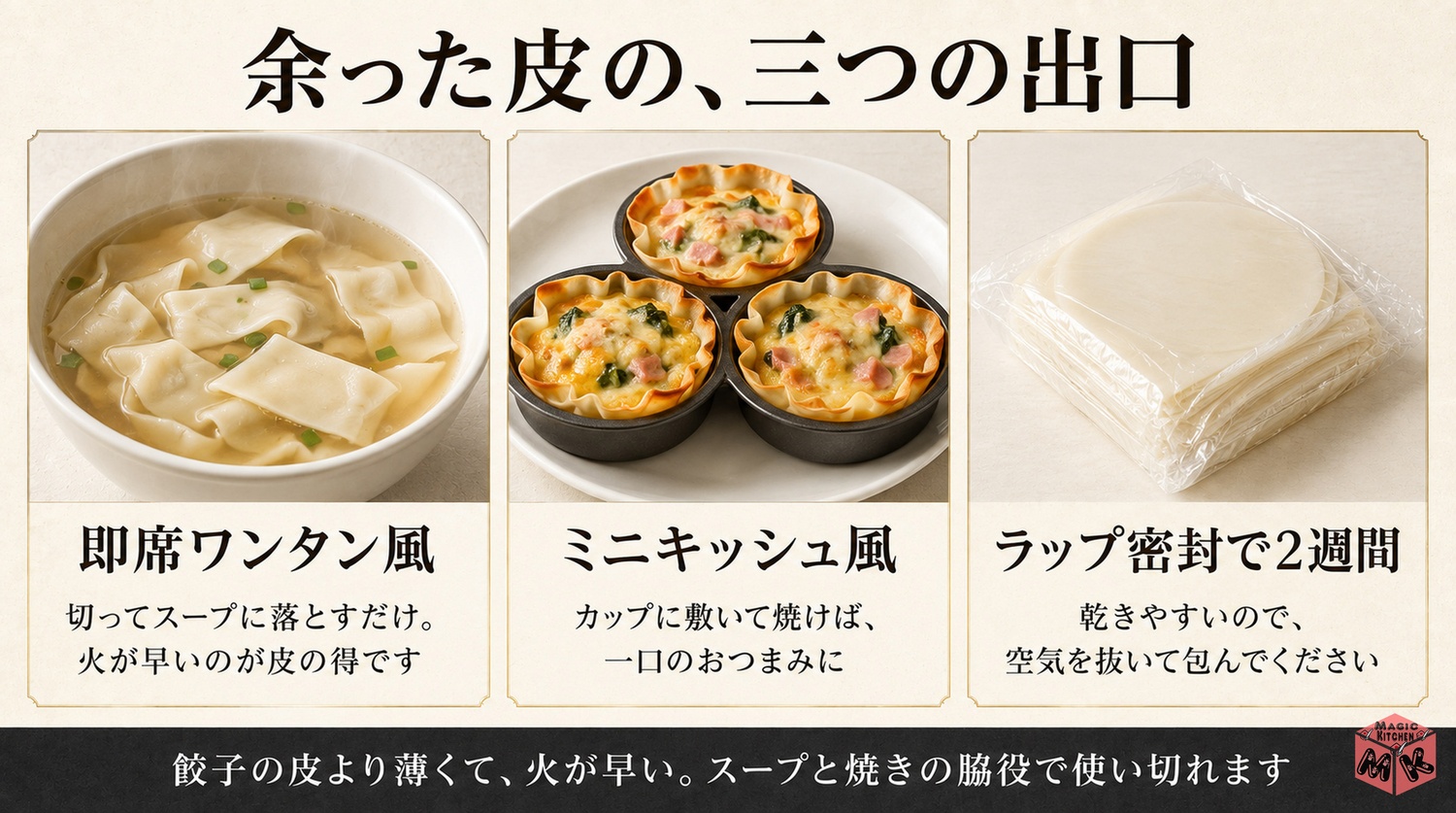 シュウマイの皮の使いきり3列の図解