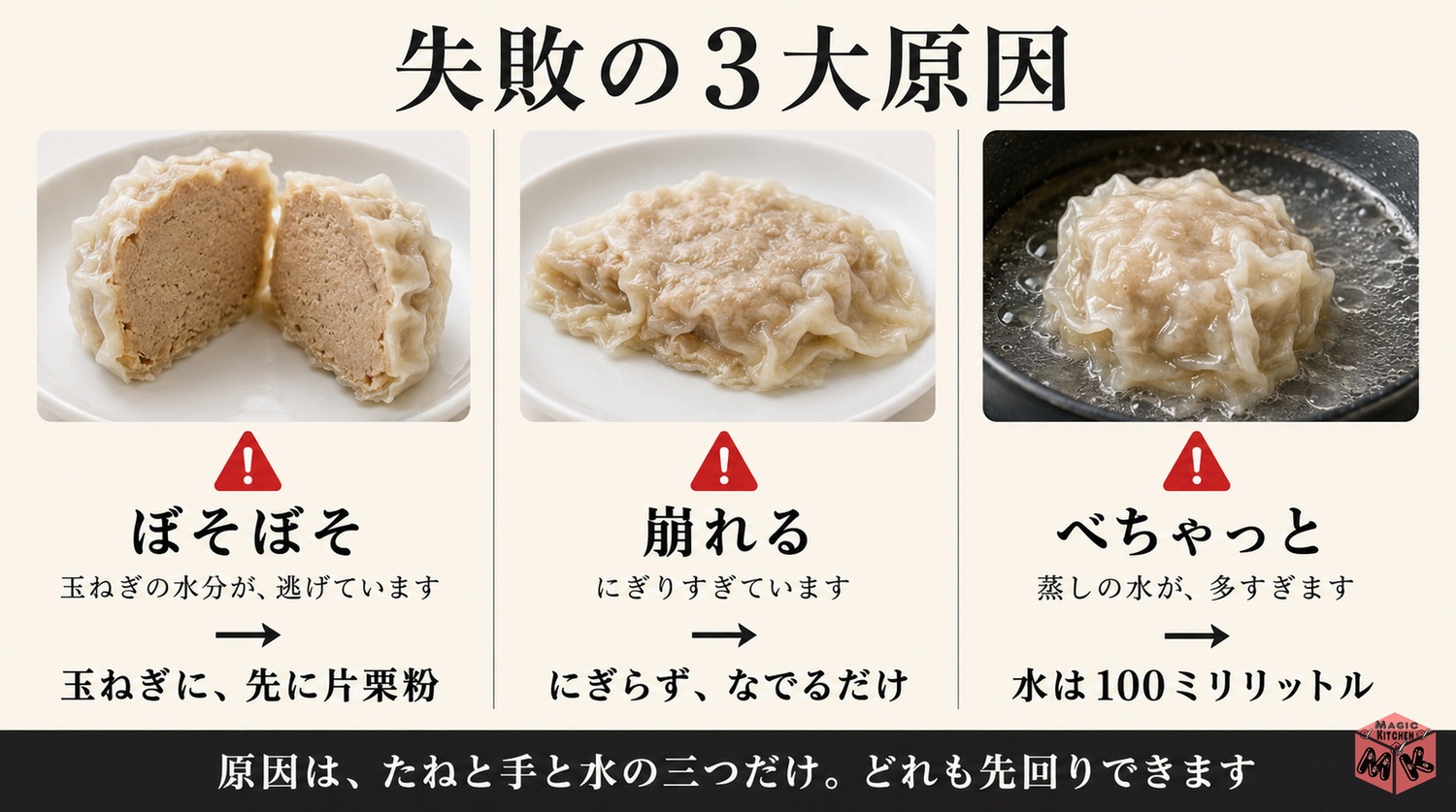 シュウマイの失敗3大原因と対策の図解