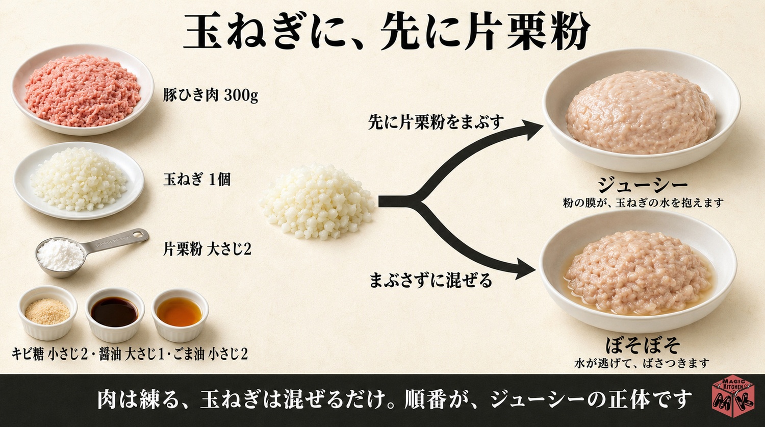 玉ねぎに片栗粉を先にまぶすたねの黄金比の図解