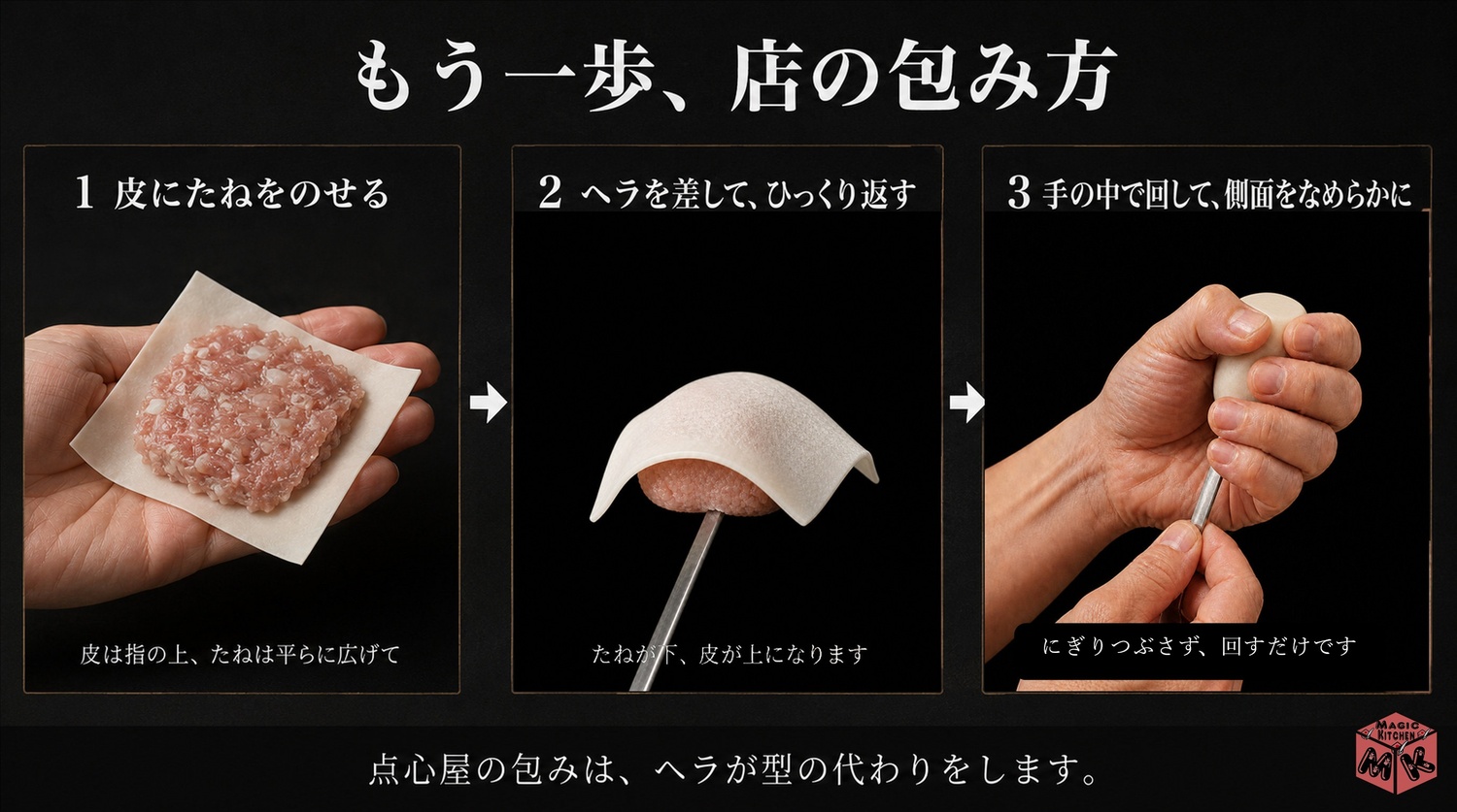 店の包み方の前半・皮にのせてヘラで返す工程図