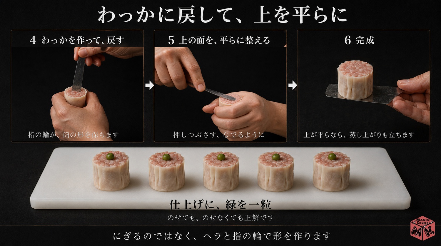 店の包み方の後半・わっかに戻して上を平らにする工程図