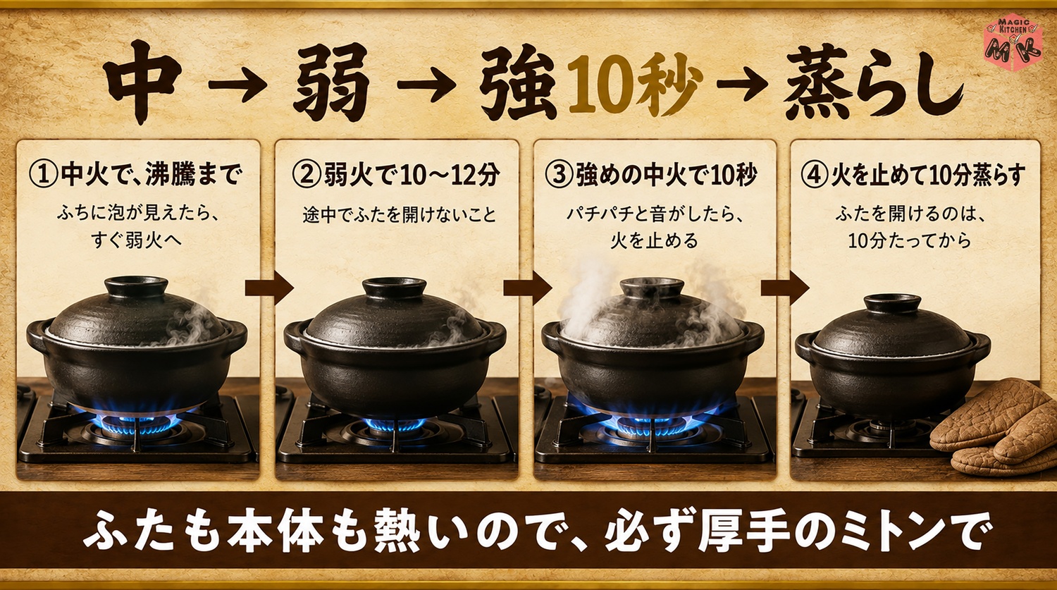 土鍋で炊き込みご飯を炊くときの火加減の図解