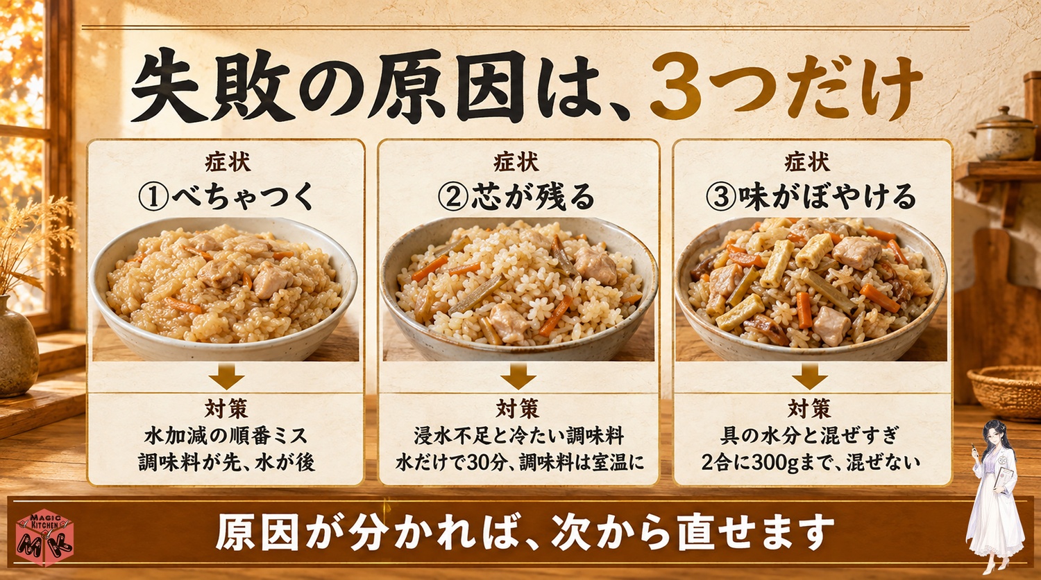 炊き込みご飯の失敗3大原因と対策の図解